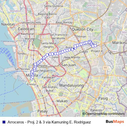 Arroceros - Proj. 2 & 3 via Kamuning E. Rodriguez bus Line Map