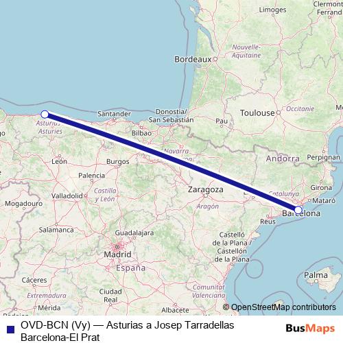 OVD-BCN (Vy) air Line Map