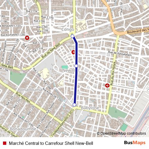 Marché Central to Carrefour Shell New-Bell bus Line Map
