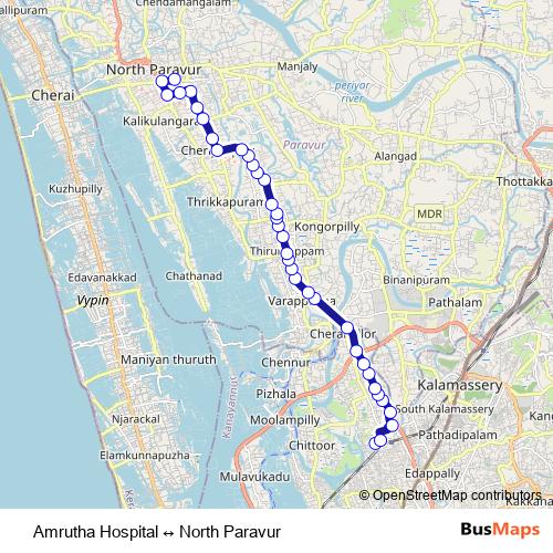 Amrutha Hospital ↔ North Paravur bus Line Map