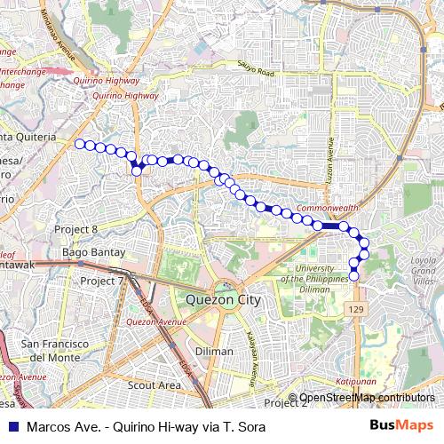 Marcos Ave. - Quirino Hi-way via T. Sora bus Line Map
