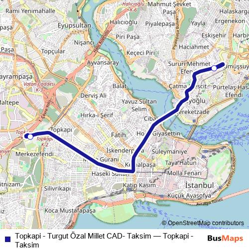 Topkapi - Turgut Özal Millet CAD- Taksim bus Line Map