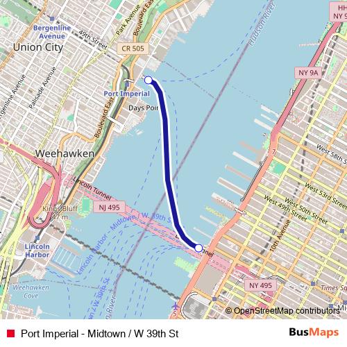 Port Imperial - Midtown / W 39th St ferry Line Map