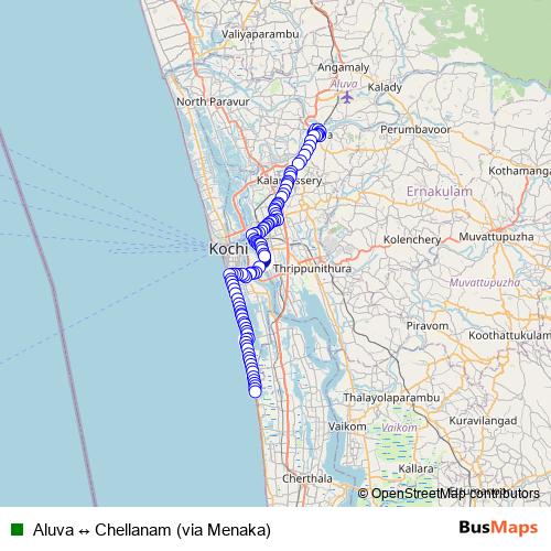Aluva ↔ Chellanam (via Menaka) bus Line Map