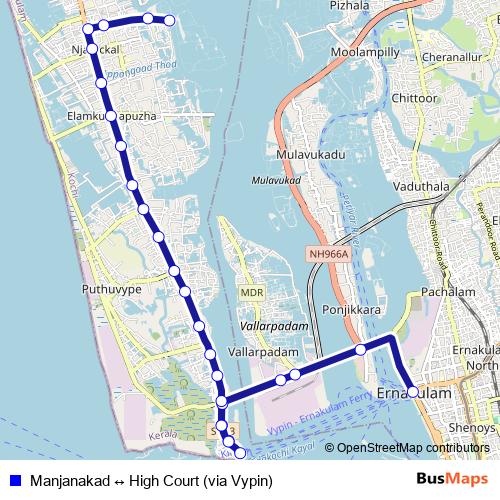 Manjanakad ↔ High Court (via Vypin) bus Line Map