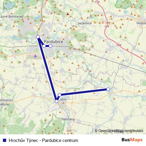 Hrochův Týnec - Pardubice centrum rail Line Map