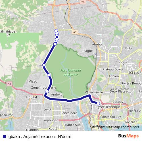 gbaka : Adjamé Texaco ↔ N'dotre bus Line Map
