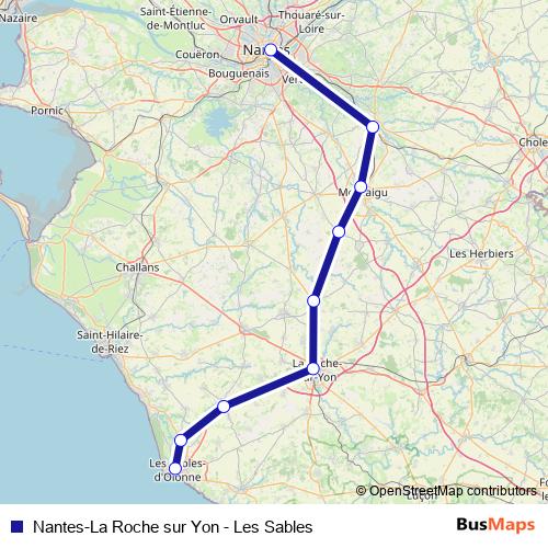 Nantes-La Roche sur Yon - Les Sables rail Line Map