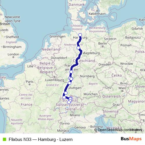 Flixbus N33 bus Line Map