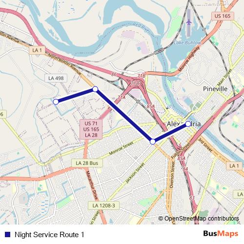 Night Service Route 1 bus Line Map