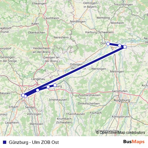 Günzburg - Ulm ZOB Ost rail Line Map