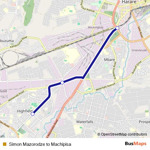 Simon Mazorodze to Machipisa bus Line Map
