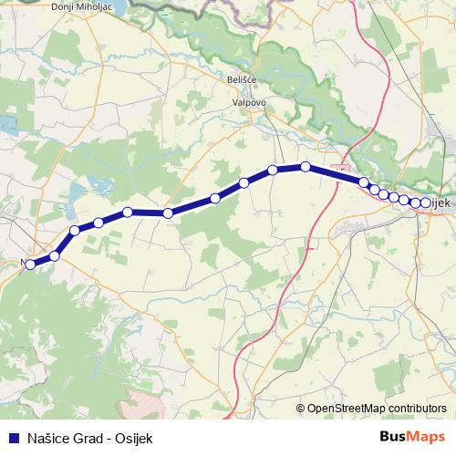 Našice Grad - Osijek rail Line Map