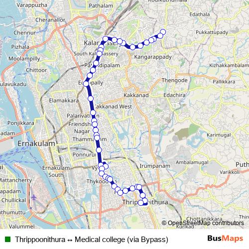 Thrippoonithura ↔ Medical college (via Bypass) bus Line Map