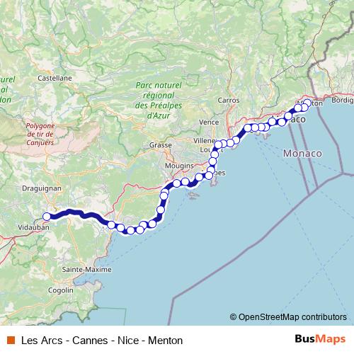 Les Arcs - Cannes - Nice - Menton rail Line Map