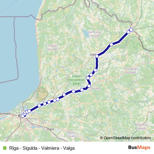 Rīga - Sigulda - Valmiera - Valga rail Line Map