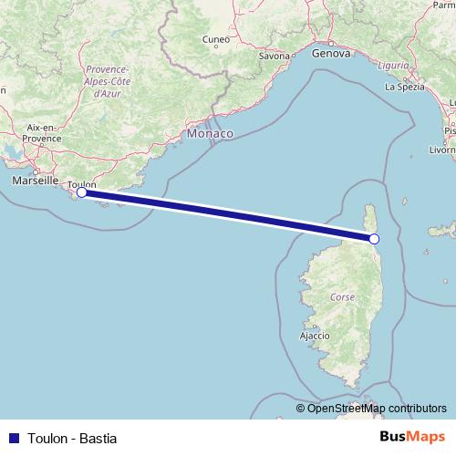Toulon - Bastia ferry Line Map