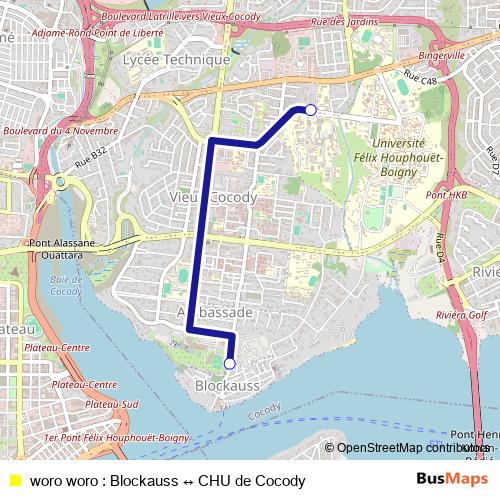 woro woro : Blockauss ↔ CHU de Cocody bus Line Map