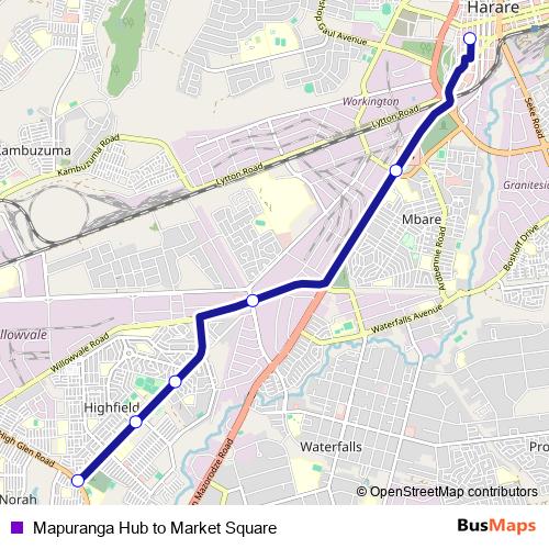Mapuranga Hub to Market Square bus Line Map