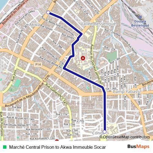 Marché Central Prison to Akwa Immeuble Socar bus Line Map