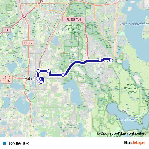 Route 16x bus Line Map
