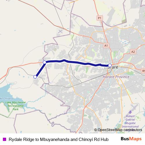 Rydale Ridge to Mbuyanehanda and Chinoyi Rd Hub bus Line Map