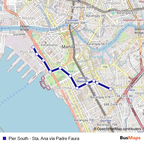 Pier South - Sta. Ana via Padre Faura bus Line Map