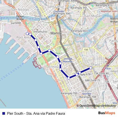 Pier South - Sta. Ana via Padre Faura bus Line Map