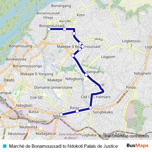 Marché de Bonamoussadi to Ndokoti Palais de Justice bus Line Map