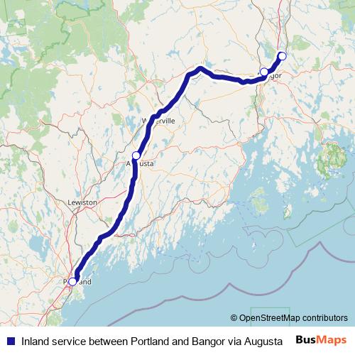 Inland service between Portland and Bangor via Augusta bus Line Map