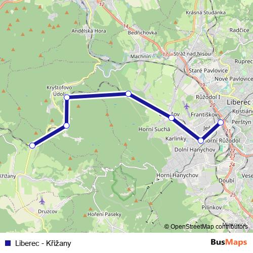 Liberec - Křižany rail Line Map