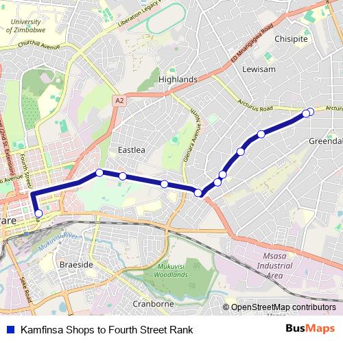 Kamfinsa Shops to Fourth Street Rank bus Line Map