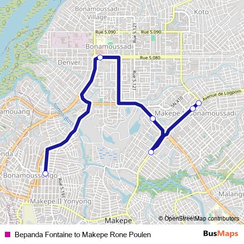 Bepanda Fontaine to Makepe Rone Poulen bus Line Map