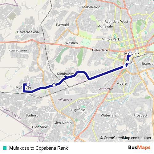 Mufakose to Copabana Rank bus Line Map
