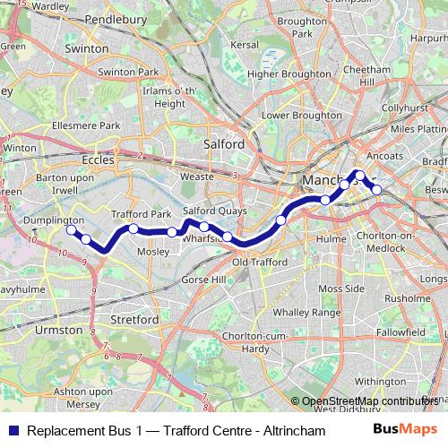 Replacement Bus 1 tram Line Map