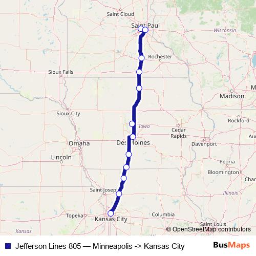 Jefferson Lines 805 bus Line Map