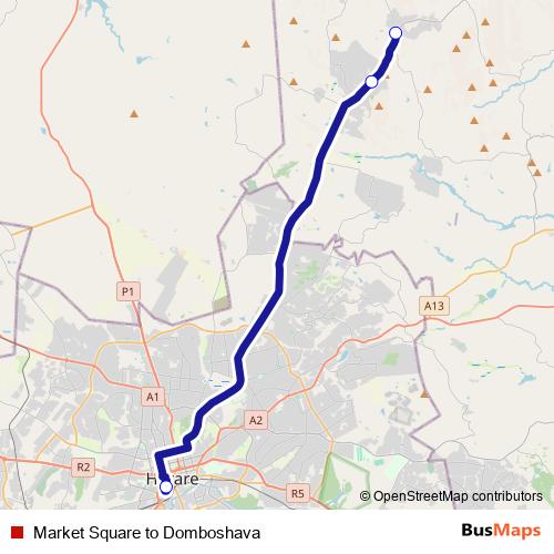 Market Square to Domboshava bus Line Map