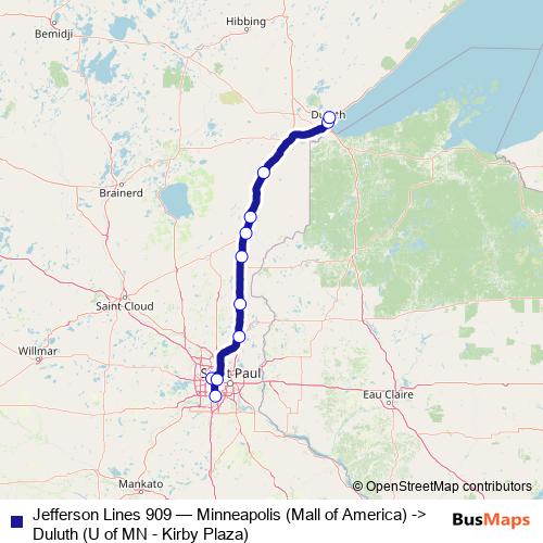Jefferson Lines 909 bus Line Map