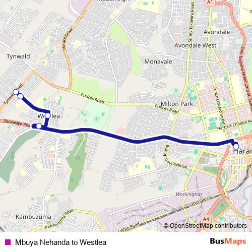 Mbuya Nehanda to Westlea bus Line Map
