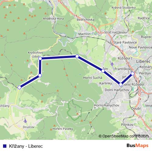 Křižany - Liberec rail Line Map