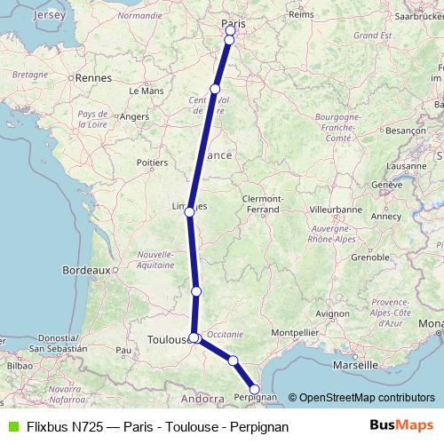 Flixbus N725 bus Line Map