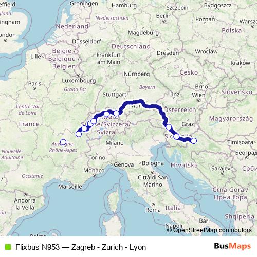 Flixbus N953 bus Line Map