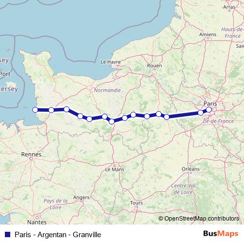 Paris - Argentan - Granville rail Line Map