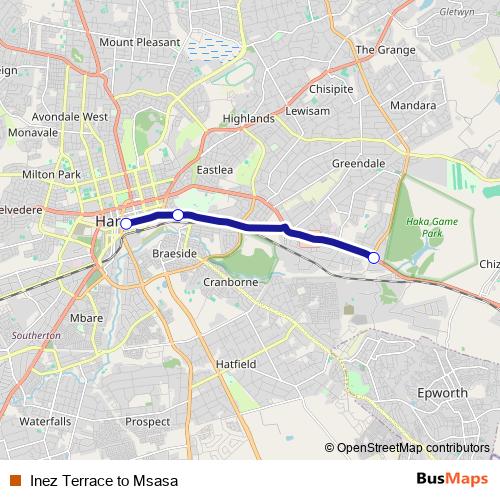 Inez Terrace to Msasa bus Line Map