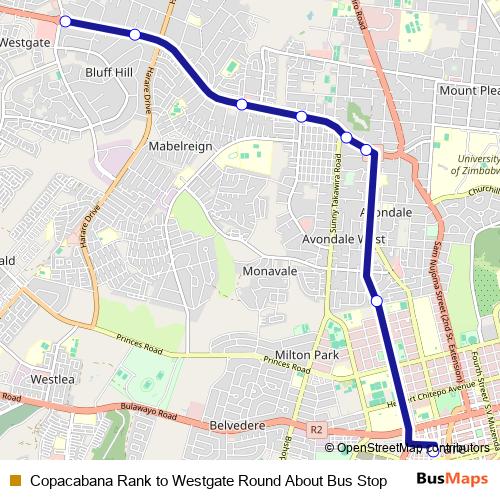 Copacabana Rank to Westgate Round About Bus Stop bus Line Map