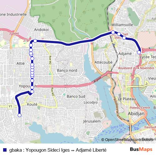 gbaka : Yopougon Sideci Iges ↔ Adjamé Liberté bus Line Map