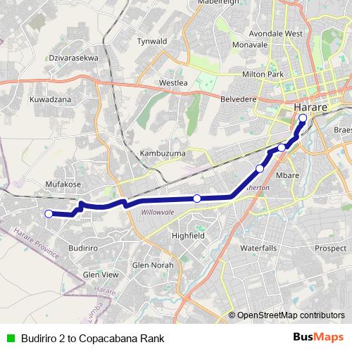 Budiriro 2 to Copacabana Rank bus Line Map