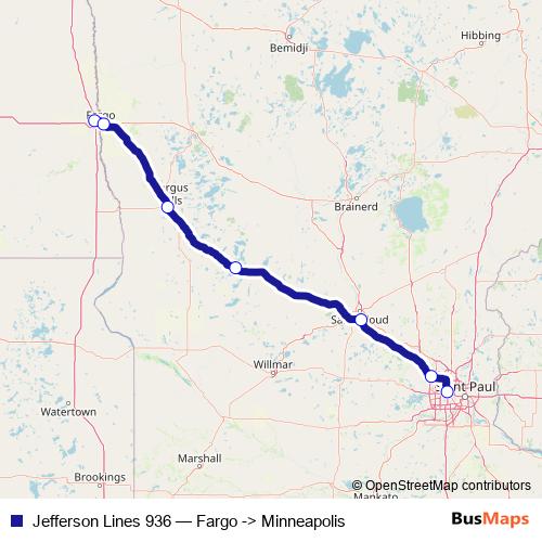 Jefferson Lines 936 bus Line Map