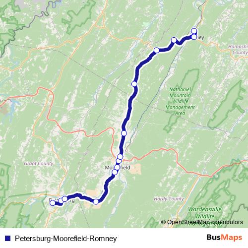 Petersburg-Moorefield-Romney bus Line Map