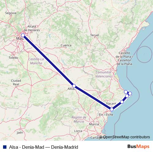 Alsa - Denia-Mad bus Line Map
